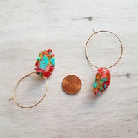 Monstera Leaf Earrings - large thin gold hoops with lightweight removable acrylic leaves - tropical pink, turquoise blue, gold amber, clear - Constant Baubling