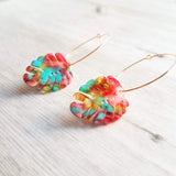 Monstera Leaf Earrings - large thin gold hoops with lightweight removable acrylic leaves - tropical pink, turquoise blue, gold amber, clear - Constant Baubling