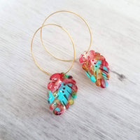 Monstera Leaf Earrings - large thin gold hoops with lightweight removable acrylic leaves - tropical pink, turquoise blue, gold amber, clear - Constant Baubling