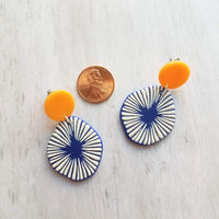 Large Chunky Earrings, 80s style earring, mustard yellow earring, blue orange earring, starburst earring, asymmetrical round acrylic earring - Constant Baubling