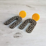 Large Chunky Earrings, 80s style earrings, 80's earrings, black white polka dot earring, U shape earrings acrylic dangle 2 in orange acetate - Constant Baubling