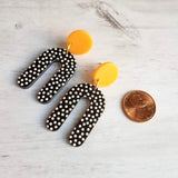 Large Chunky Earrings, 80s style earrings, 80's earrings, black white polka dot earring, U shape earrings acrylic dangle 2 in orange acetate - Constant Baubling
