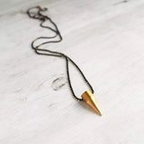 Gold Spike Necklace, solid brass bullet point pendant, gold dagger necklace, black chain necklace, black gold necklace, gold bullet necklace - Constant Baubling