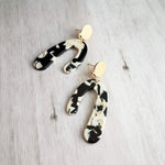 Large Chunky Earrings, black white gold earring, u shape earring, 80s style jewelry, acrylic arch earring faux tortoise shell earring dangle - Constant Baubling