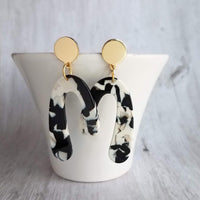Large Chunky Earrings, black white gold earring, u shape earring, 80s style jewelry, acrylic arch earring faux tortoise shell earring dangle - Constant Baubling