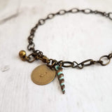 Beach Bracelet, antique brass bracelet, bronze bracelet, seashell bracelet, initial bracelet, shell charm bracelet, letter bracelet, spiral - Constant Baubling