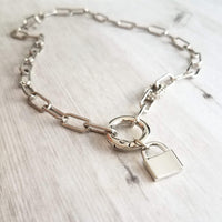 Chunky Paperclip Chain Necklace, silver paperclip necklace, large oval chain, thick crystal link, round front clasp necklace, padlock charm - Constant Baubling