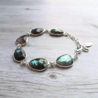 Labradorite Bracelet, oval stone bracelet, chunky stone bracelet, gemstone bracelet, silver frame, iridescent stone metallic flash bracelet - Constant Baubling