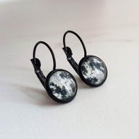 Moon Crater Earrings - celestial night sky art prints under glass domes, black brass lever back hooks, solar system natural satellite - Constant Baubling