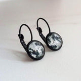 Moon Crater Earrings - celestial night sky art prints under glass domes, black brass lever back hooks, solar system natural satellite - Constant Baubling