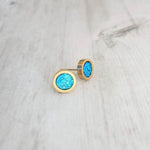 Capri Blue Earrings - bright faux druzy stone, round rough jagged rock, gold hypoallergenic stainless surgical steel post, ocean blue - Constant Baubling