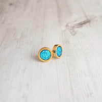 Capri Blue Earrings - bright faux druzy stone, round rough jagged rock, gold hypoallergenic stainless surgical steel post, ocean blue - Constant Baubling
