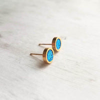 Capri Blue Earrings - bright faux druzy stone, round rough jagged rock, gold hypoallergenic stainless surgical steel post, ocean blue - Constant Baubling