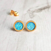 Capri Blue Earrings - bright faux druzy stone, round rough jagged rock, gold hypoallergenic stainless surgical steel post, ocean blue - Constant Baubling