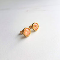 Peach Earrings, small pink peach studs, gold leaf earring, small round stud, little peach, gold foil earrings suspended gold earrings, facet - Constant Baubling