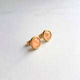 Peach Earrings, small pink peach studs, gold leaf earring, small round stud, little peach, gold foil earrings suspended gold earrings, facet - Constant Baubling