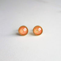 Peach Earrings, small pink peach studs, gold leaf earring, small round stud, little peach, gold foil earrings suspended gold earrings, facet - Constant Baubling