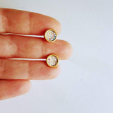 Small Round Purple Earrings, gold stainless steel stud, light purple stud, gold foil studs, little gold leaf studs, pale light purple, lilac - Constant Baubling