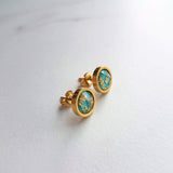 Turquoise Blue Stud Earrings, small gold leaf earrings, little gold studs, turquoise stud earrings, gold stainless steel stud gold foil stud - Constant Baubling