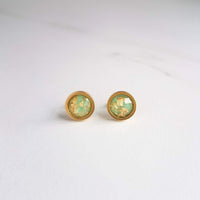 Mint Green Gold Earrings, small mint green earrings, stainless steel earrings, green gold foil studs, mint green studs, little round earring - Constant Baubling