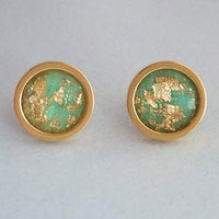 Mint Green Gold Earrings, small mint green earrings, stainless steel earrings, green gold foil studs, mint green studs, little round earring - Constant Baubling