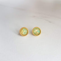 Mint Green Gold Earrings, small mint green earrings, stainless steel earrings, green gold foil studs, mint green studs, little round earring - Constant Baubling