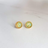 Mint Green Gold Earrings, small mint green earrings, stainless steel earrings, green gold foil studs, mint green studs, little round earring - Constant Baubling