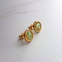 Mint Green Gold Earrings, small mint green earrings, stainless steel earrings, green gold foil studs, mint green studs, little round earring - Constant Baubling