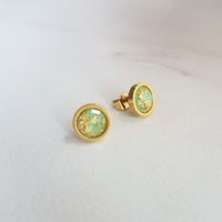 Mint Green Gold Earrings, small mint green earrings, stainless steel earrings, green gold foil studs, mint green studs, little round earring - Constant Baubling