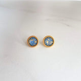 Steel Blue Stud Earrings, small blue gold stud, grey studs, steely blue earrings, blue gold foil earring floating gold, gold stainless steel - Constant Baubling