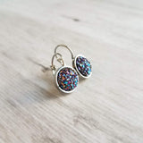 Blue Purple Galaxy Earrings - faux druzy stone in hypoallergenic stainless steel leverback, rough iridescent cobalt blue amethyst finish - Constant Baubling