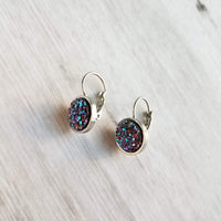 Blue Purple Galaxy Earrings - faux druzy stone in hypoallergenic stainless steel leverback, rough iridescent cobalt blue amethyst finish - Constant Baubling