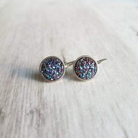 Blue Purple Galaxy Earrings - faux druzy stone in hypoallergenic stainless steel leverback, rough iridescent cobalt blue amethyst finish - Constant Baubling