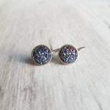 Blue Purple Galaxy Earrings - faux druzy stone in hypoallergenic stainless steel leverback, rough iridescent cobalt blue amethyst finish - Constant Baubling