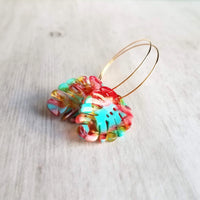 Monstera Leaf Earrings - large thin gold hoops with lightweight removable acrylic leaves - tropical pink, turquoise blue, gold amber, clear - Constant Baubling