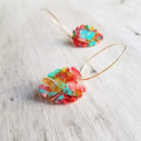 Monstera Leaf Earrings - large thin gold hoops with lightweight removable acrylic leaves - tropical pink, turquoise blue, gold amber, clear - Constant Baubling