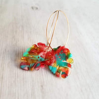 Monstera Leaf Earrings - large thin gold hoops with lightweight removable acrylic leaves - tropical pink, turquoise blue, gold amber, clear - Constant Baubling