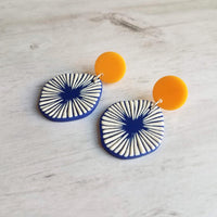 Large Chunky Earrings, 80s style earring, mustard yellow earring, blue orange earring, starburst earring, asymmetrical round acrylic earring - Constant Baubling