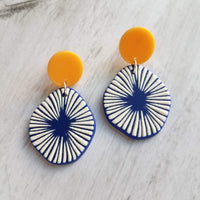 Large Chunky Earrings, 80s style earring, mustard yellow earring, blue orange earring, starburst earring, asymmetrical round acrylic earring - Constant Baubling