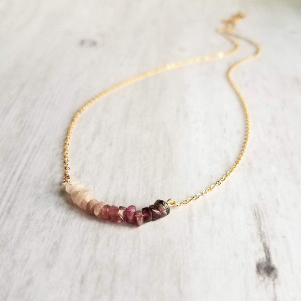 Pink Tourmaline Necklace, 14K gold fill chain, pink stone chips, gemstone chunk necklace, pink gemstone necklace, small stones, tiny stones - Constant Baubling