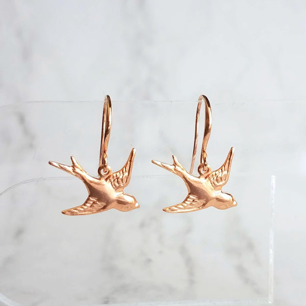 Small Bird Earrings, rose gold birds, little bird dangles, flying birdies, rose gold hooks, dainty bird earring, soaring bird earring, wings - Constant Baubling