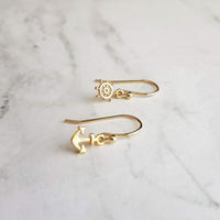Anchor & Helm Earrings, tiny 14K gold plated mismatched nautical boat wheel on small simple ear hooks, beach vacation jewelry, little dangle - Constant Baubling