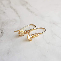 Anchor & Helm Earrings, tiny 14K gold plated mismatched nautical boat wheel on small simple ear hooks, beach vacation jewelry, little dangle - Constant Baubling