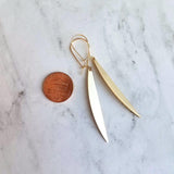 Gold Sliver Earrings - long thin modern crescent moon sliver on kidney latch ear wire hook, 2.4 inch narrow line earring, flat curved bar - Constant Baubling