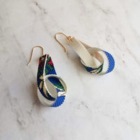 Knot Earrings - royal/cobalt blue faux vegan leather w/ bright color tropical floral print, loop twist strip, 14K gold ear hooks available - Constant Baubling