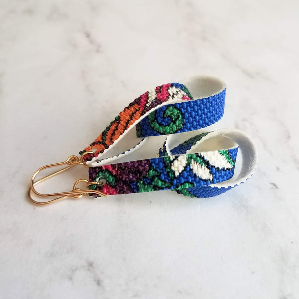 Knot Earrings - royal/cobalt blue faux vegan leather w/ bright color tropical floral print, loop twist strip, 14K gold ear hooks available - Constant Baubling