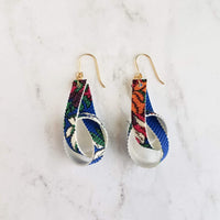 Knot Earrings - royal/cobalt blue faux vegan leather w/ bright color tropical floral print, loop twist strip, 14K gold ear hooks available - Constant Baubling