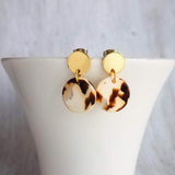 80s Earrings, chunky earrings, gold tortoise shell earring, thick plastic earring, acrylic earring, brown cream clear, sterling silver posts - Constant Baubling