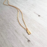 Gold Tag & Initial, 14 karat gold fill tag, gold tag necklace, gold fill chain, small hand stamped letter, small gold tag tiny rectangle tag - Constant Baubling
