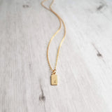 Gold Tag & Initial, 14 karat gold fill tag, gold tag necklace, gold fill chain, small hand stamped letter, small gold tag tiny rectangle tag - Constant Baubling